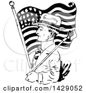 Clipart Of A Vintage Black And White Sketched Man With A Garden Hoe And American Flag Royalty Free Vector Illustration