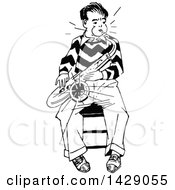 Clipart Of A Vintage Black And White Sketched Man Playing A Saxophone Royalty Free Vector Illustration