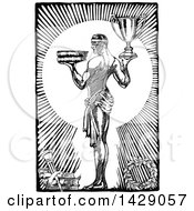 Clipart Of A Vintage Black And White Sketched Man With Books And A Trophy Royalty Free Vector Illustration