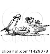 Clipart Of A Vintage Black And White Bird Family With The Parents Over The Chicks Royalty Free Vector Illustration by Prawny Vintage