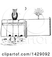 Poster, Art Print Of Vintage Black And White Sketched Owl On A Fence Watching Mice