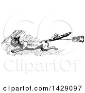 Clipart Of A Vintage Black And White Sketched Scared Cat Running With A Can Tied To His Tail Royalty Free Vector Illustration