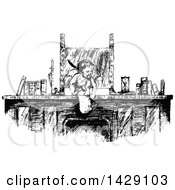 Poster, Art Print Of Vintage Black And White Sketched Cherub Or Cupid At A Desk