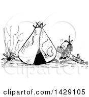 Clipart Of A Vintage Black And White Sketched Native American Fire And Tipi Royalty Free Vector Illustration
