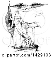 Poster, Art Print Of Vintage Black And White Sketched Woman Columbia With An American Flag And Eagle