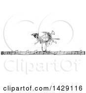 Clipart Of A Vintage Black And White Sketched Music Staff And Instrument Royalty Free Vector Illustration