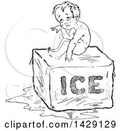 Clipart Of A Vintage Black And White Sketched Hot Baby Sitting On Ice Royalty Free Vector Illustration by Prawny Vintage