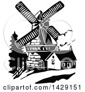 Clipart Of A Vintage Black And White Windmill And House Royalty Free Vector Illustration by Prawny Vintage
