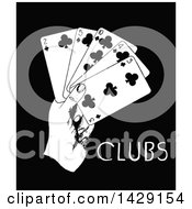 Clipart Of A Vintage Black And White Hand Holding Clubs Cards Royalty Free Vector Illustration