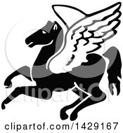 Clipart Of A Vintage Black And White Pegasus Royalty Free Vector Illustration