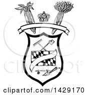 Clipart Of A Vintage Black And White Farming Shield Crest Royalty Free Vector Illustration