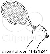 Clipart Of A Black And White Hand Holding A Tennis Racket Royalty Free Vector Illustration