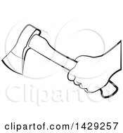 Clipart Of A Black And White Hand Holding An Axe Royalty Free Vector Illustration