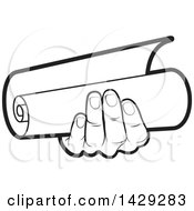 Clipart Of A Black And White Hand Holding A Scroll Royalty Free Vector Illustration by Lal Perera