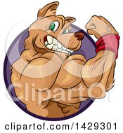 Clipart Of A Bodybuilder Dog Flexing His Muscles And Emerging From A Purple Circle Royalty Free Vector Illustration by BNP Design Studio