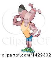 Clipart Of A Cartoon Strong Fit Dog In Fitness Apparel Flexing His Biceps Royalty Free Vector Illustration