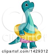 Cute Baby Brontosaurus Dinosaur Wearing Swim Trunks And An Inner Tube