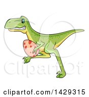Clipart Of A  Cartoon Raptor Dinosaur Stealing An Egg Royalty Free Vector Illustration
