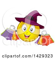 Poster, Art Print Of Cartoon Yellow Emoji Smiley Face Witch Carrying Shopping Bags
