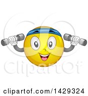 Poster, Art Print Of Cartoon Yellow Emoji Smiley Face Working Out With Dumbbells