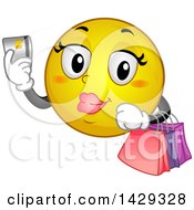 Poster, Art Print Of Cartoon Female Yellow Emoji Smiley Face Shopping With A Credit Card