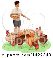 Poster, Art Print Of Man Feeding A Group Of Chickens Near A Coop