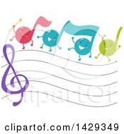 Poster, Art Print Of Group Of Music Note Mascots Marching Over A Staff