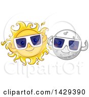 Happy Moon And Sun Characters Wearing Solar Eclipse Glasses