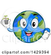 Poster, Art Print Of Cartoon Happy Planet Earth Mascot Holding A Seedling Plant