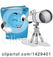 Poster, Art Print Of Blue Astronomy Book Mascot Looking Through A Telescope