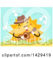 Poster, Art Print Of Sun Character Wearing A Fedora Hat Playing A Guitar And Singing Over Hills
