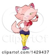 Clipart Of A Fit Pink Cat Wearing Fitness Apparel And Flexing Royalty Free Vector Illustration
