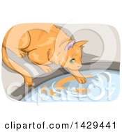 Clipart Of A Ginger Cat Tapping Water With Its Paw Royalty Free Vector Illustration