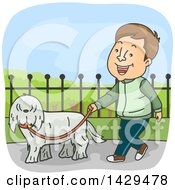 Poster, Art Print Of Cartoon Happy Caucasian Man Walking His Dog