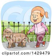 Poster, Art Print Of Cartoon Happy Caucasian Woman Walking Her Dog