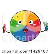 Happy Color Wheel Mascot Holding Crayons