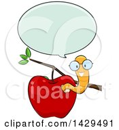 Clipart Of A Happy Worm Wearing Glasses Talking And Emerging From An Apple Royalty Free Vector Illustration by BNP Design Studio