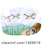Poster, Art Print Of Man Watching Birds And Taking Pictures Under Migrating Geese