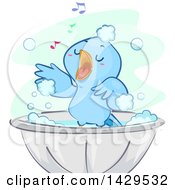 Happy Blue Bird Singing And Taking A Bath