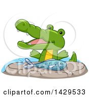 Clipart Of A Cartoon Happy Crocodile About To Eat A Fish Royalty Free Vector Illustration by BNP Design Studio