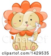 Poster, Art Print Of Cute Male Lion Sitting And Holding A Bone