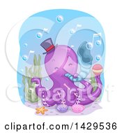 Poster, Art Print Of Cute Purple Octopus Musician Playing A Conch Shell