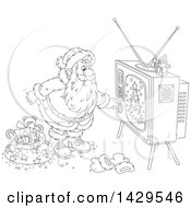 Poster, Art Print Of Cartoon Black And White Lineart Santa Claus Turning On A Tv While Delivering Christmas Gifts