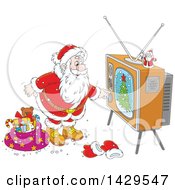 Poster, Art Print Of Cartoon Santa Claus Turning On A Tv While Delivering Christmas Gifts