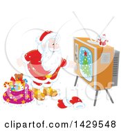 Poster, Art Print Of Santa Claus Turning On A Tv While Delivering Christmas Gifts