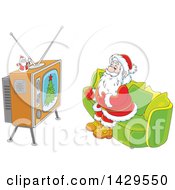 Poster, Art Print Of Cartoon Santa Claus Sitting On A Sofa And Watching Tv