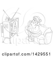 Poster, Art Print Of Cartoon Black And White Lineart Santa Claus Sitting On A Sofa And Watching Tv