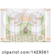 Poster, Art Print Of Pink White Gold And Green Palace Interior With Candles A Chandelier And Painting