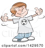 Poster, Art Print Of Cartoon Caucasian Boy Wearing A Soccer Shirt And Giving Two Thumbs Up