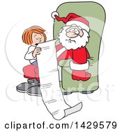 Poster, Art Print Of Caucasian Girl Sitting On Santas Lap And Reading Him A Very Long Christmas Wish List